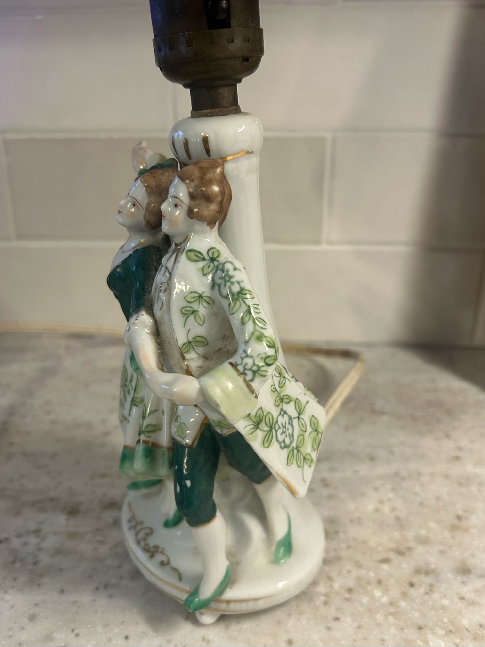 Porcelain Dancing Couple Figurine Lamp - Green and White Home Art - Picture 2 of 10